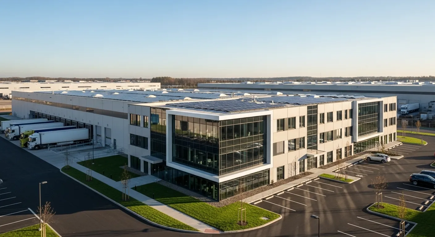 Moderne Industriehalle mit Büro- und Lagerbereichen neben einem Logistikzentrum, energieeffizient und flexibel nutzbar