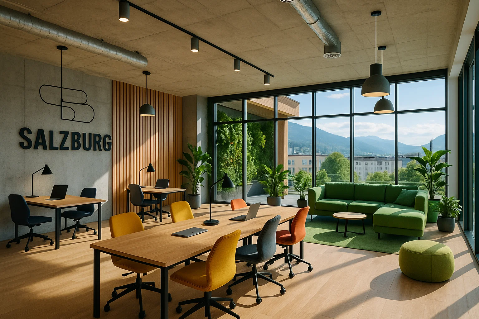 Coworking Spaces in Salzburg: Wo Kreativität auf Community trifft 1 | gewerbemietportal.at Moderner Coworking Space in Salzburg mit kreativem Design, viel Tageslicht und entspannter Arbeitsatmosphäre