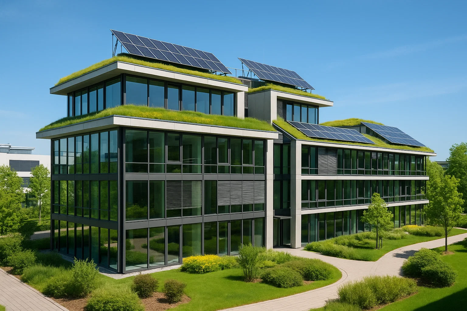Nachhaltiges Bürogebäude in Österreich mit Solarpaneelen und begrüntem Dach im modernen ESG-Design