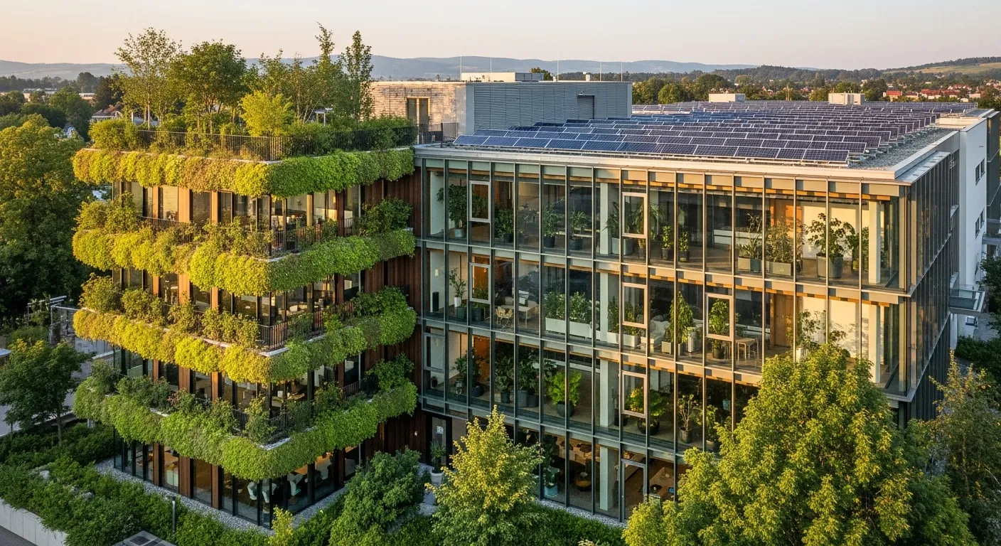 Nachhaltigkeit in Gewerbegebäuden: Österreichische Trends 3 | gewerbemietportal.at Nachhaltiges Bürogebäude mit grüner Fassade, Solarpanelen und moderner Architektur in Österreich